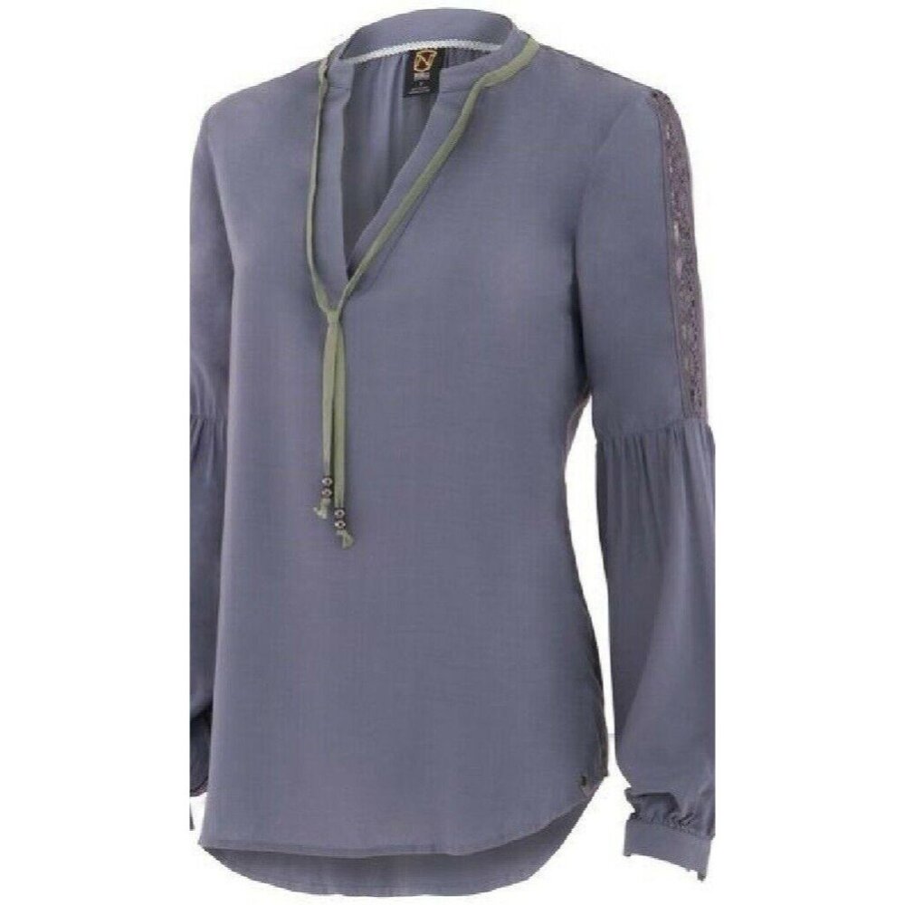 NWT Noble Outfitters Womens XS Slate Gray Shirt Blouse Folklore Lace Peasant Top